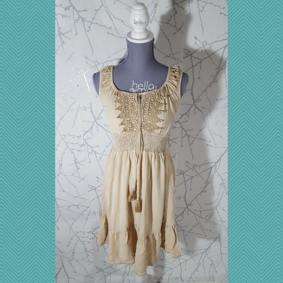 EARTHBOUND Dresses Earthbound Trading Beige Crochet Overlay Smocked
